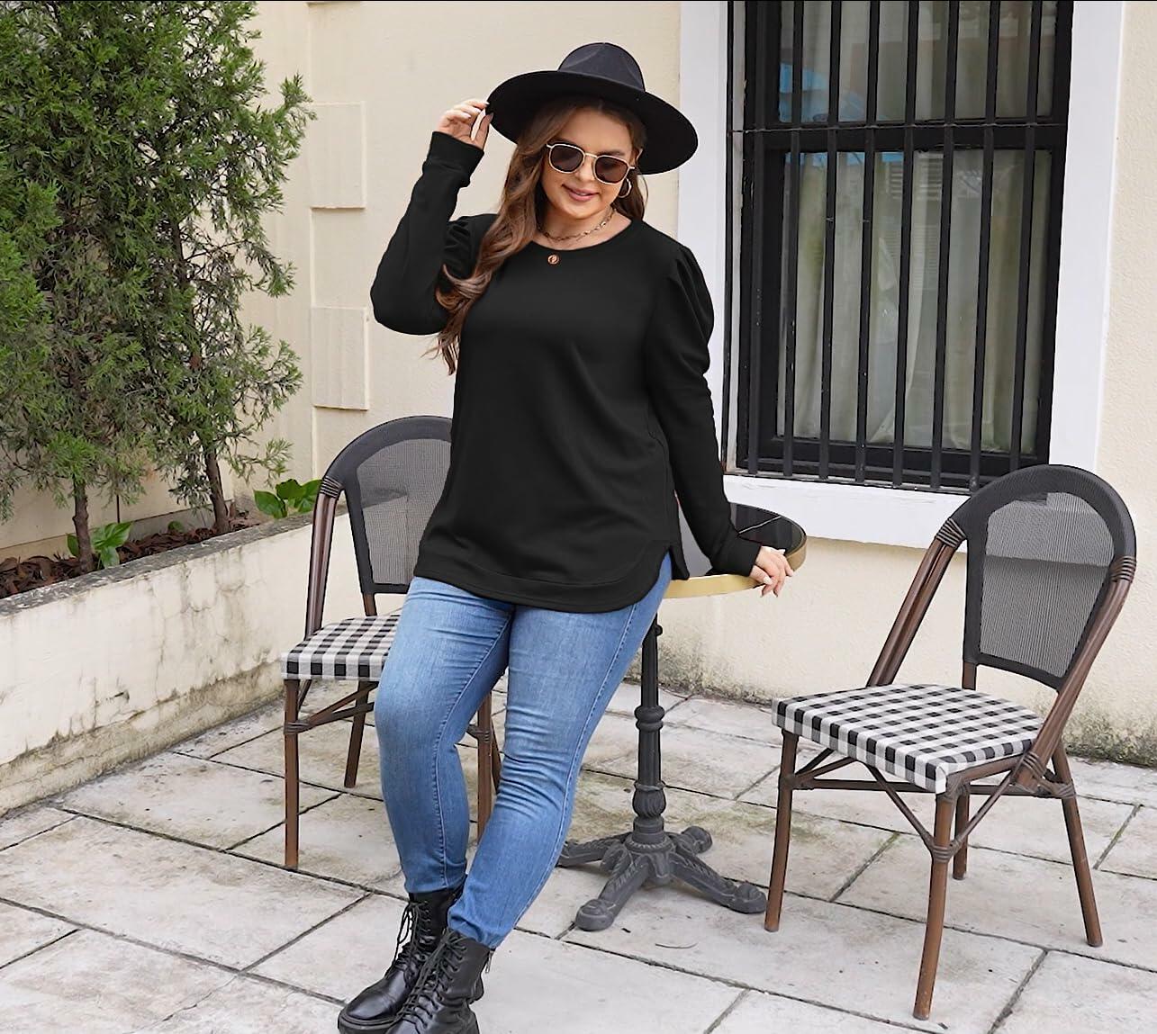 AGSEEM Womens Black Oversized Long Sleeve Tunic Sweatshirt Casual Sweaters L