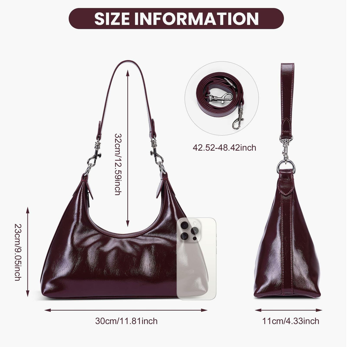 JQWSVE Crescent Shoulder Bag Women Glossy Leather Crossbody Black
