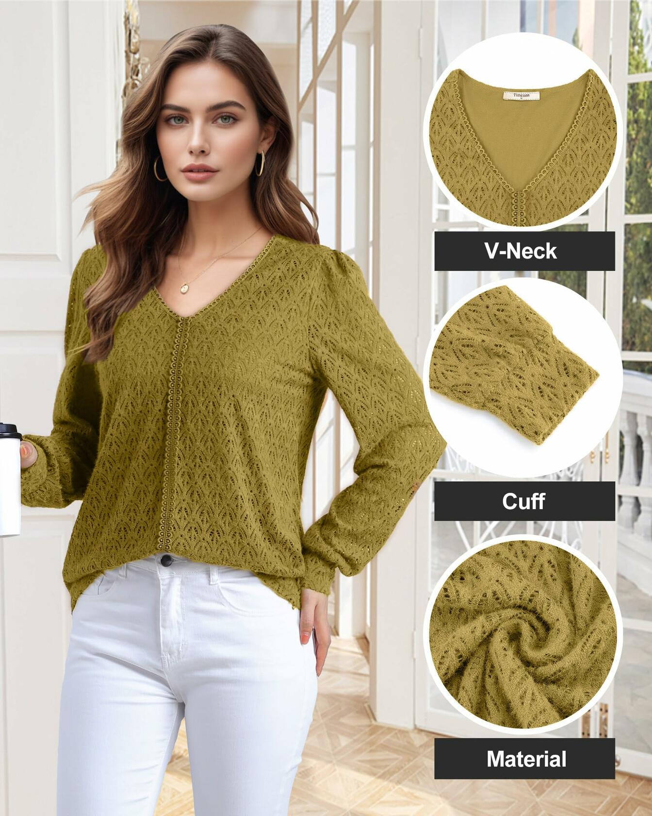 Timeson Women's Lace Knit V Neck Long Sleeve Shirt Green Size XL
