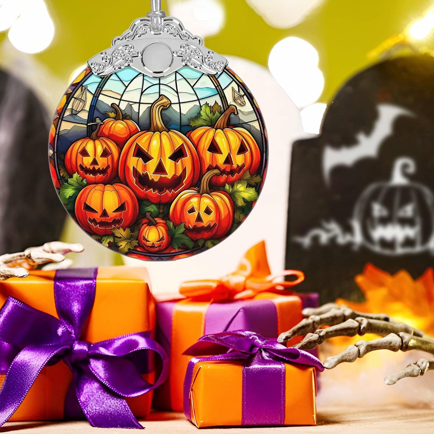 Pumpkin Family Stained Glass Christmas Ornament Holiday Decoration