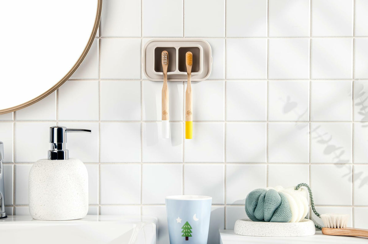 ONUCP Silicone Suction Toothbrush Holder 2-Slot Wall Mount Sand Beige