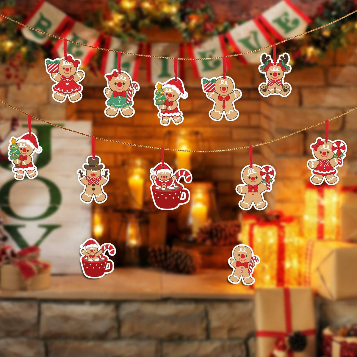 12Pcs Gingerbread Man Christmas Ornaments Tree Decorations with Ropes