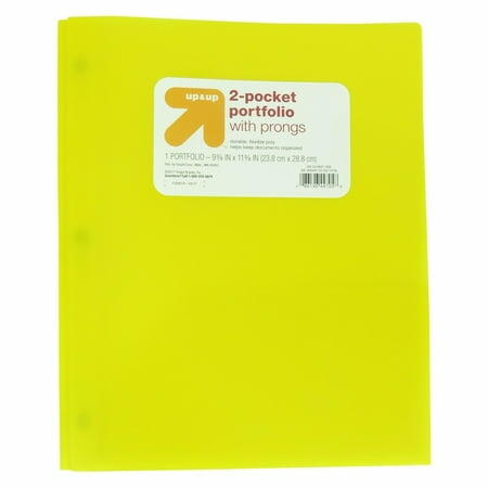 up&up 2 Pocket Plastic Folder with Prongs Yellow Polypropylene 50 Sheet Capacity