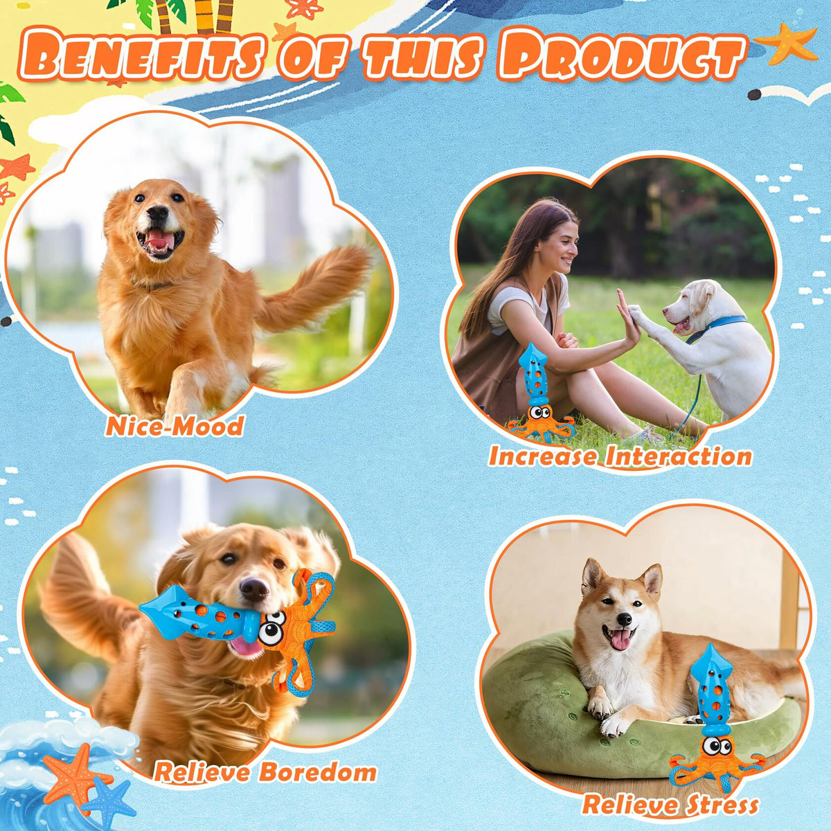 Qonline Squid Shaped Squeaky Dog Toy TPR Material Orange Interactive Play