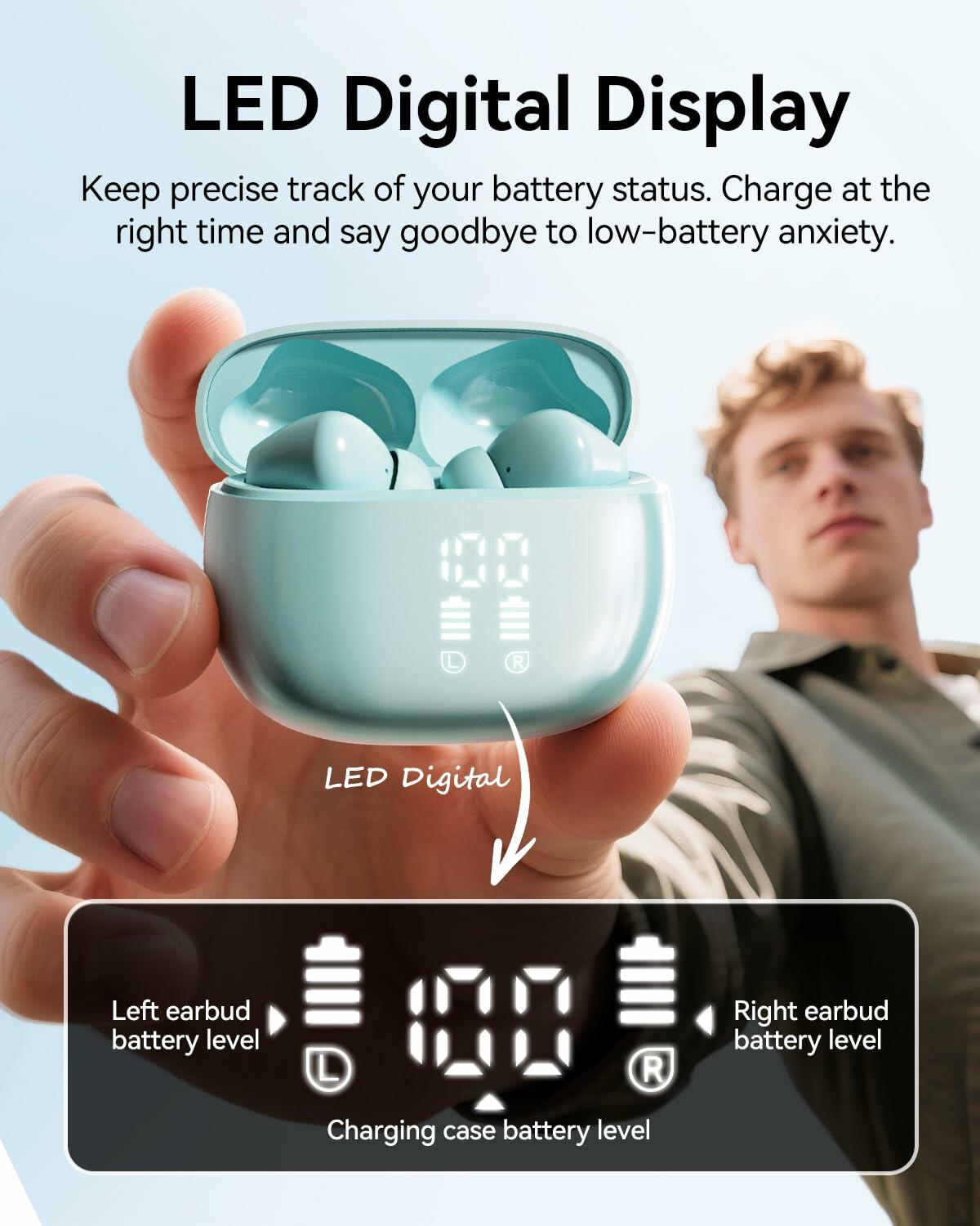 HUIFU Wireless Bluetooth Earbuds 40H Playtime IPX7 Waterproof Mint