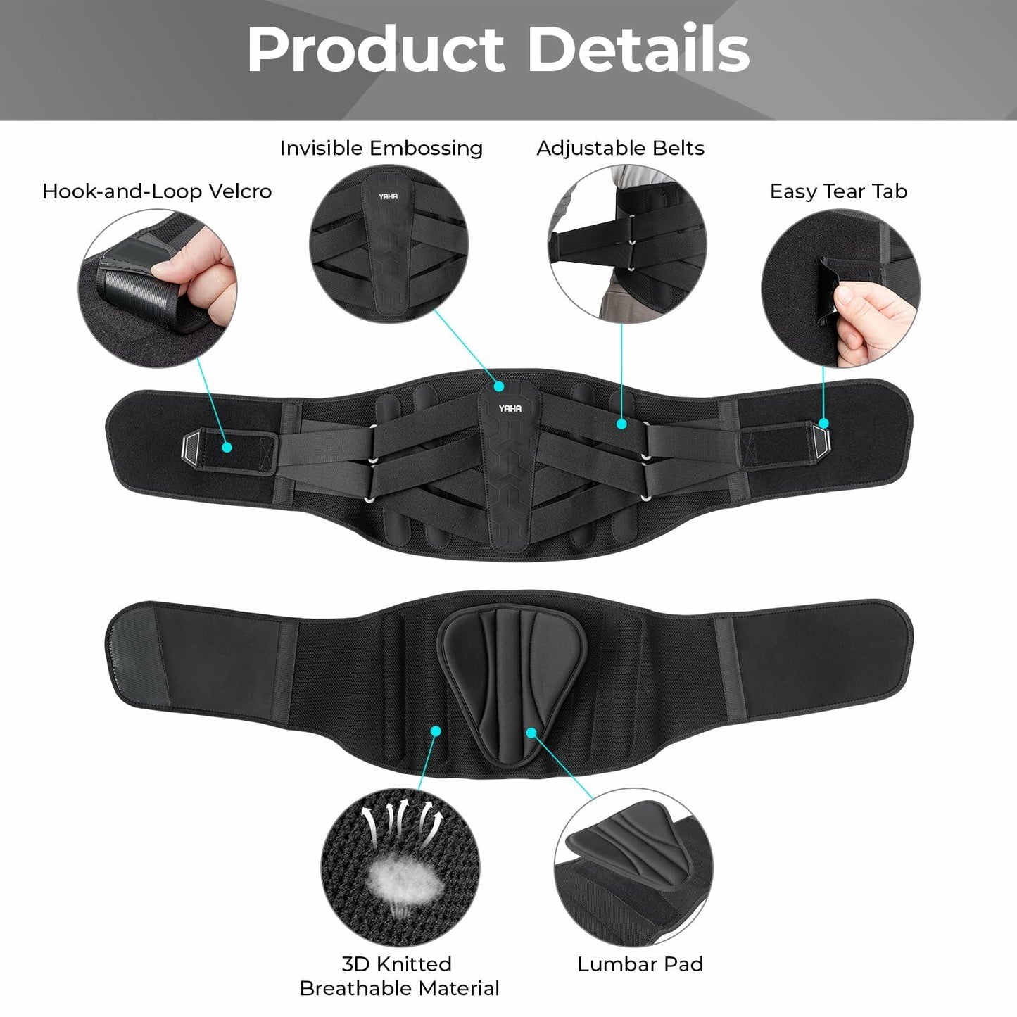 YAHA Back Brace Lower Back Support with Lumbar Pad 5 Stays Black Size XXL