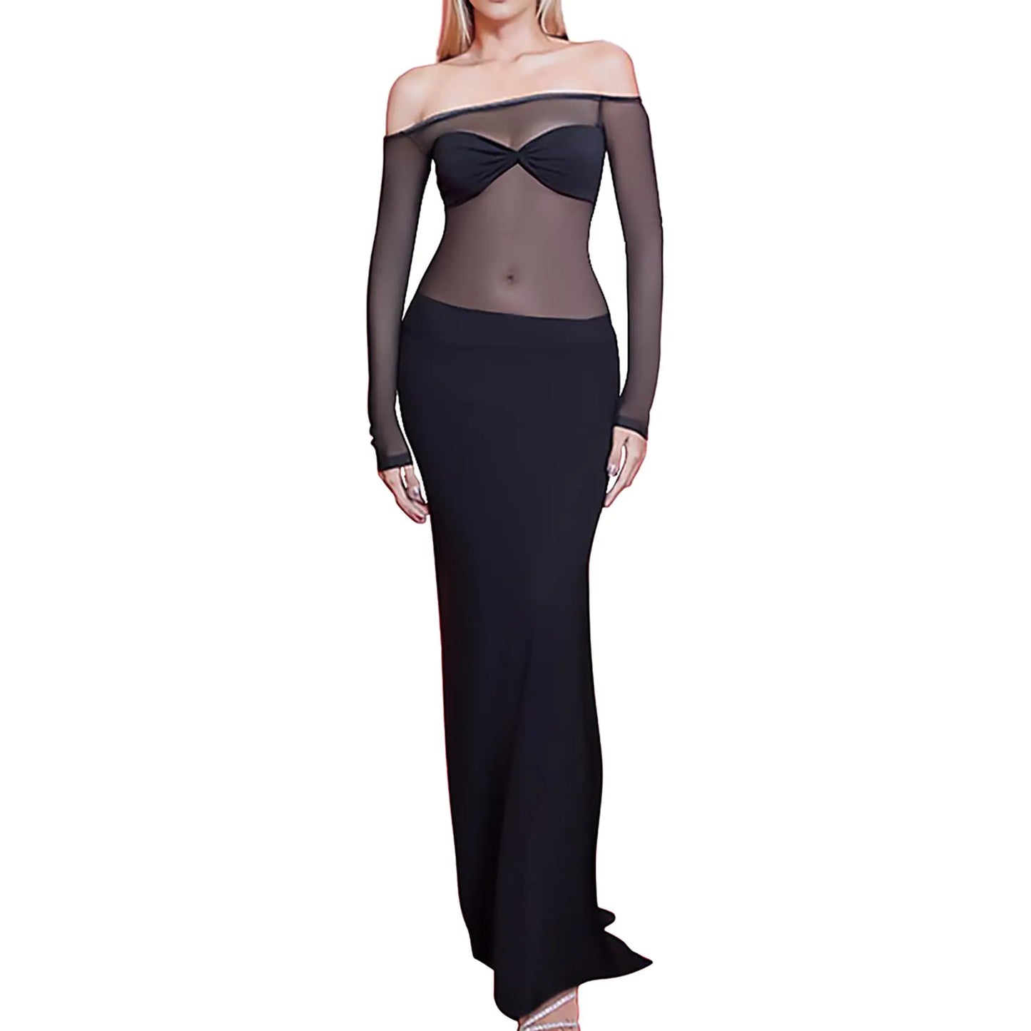 Womens Sexy Mesh Dresses Long Sleeve Slim Fit Elegant Sheer Maxi Dress Party Club Night Out Evenig Cocktail Long Dresses