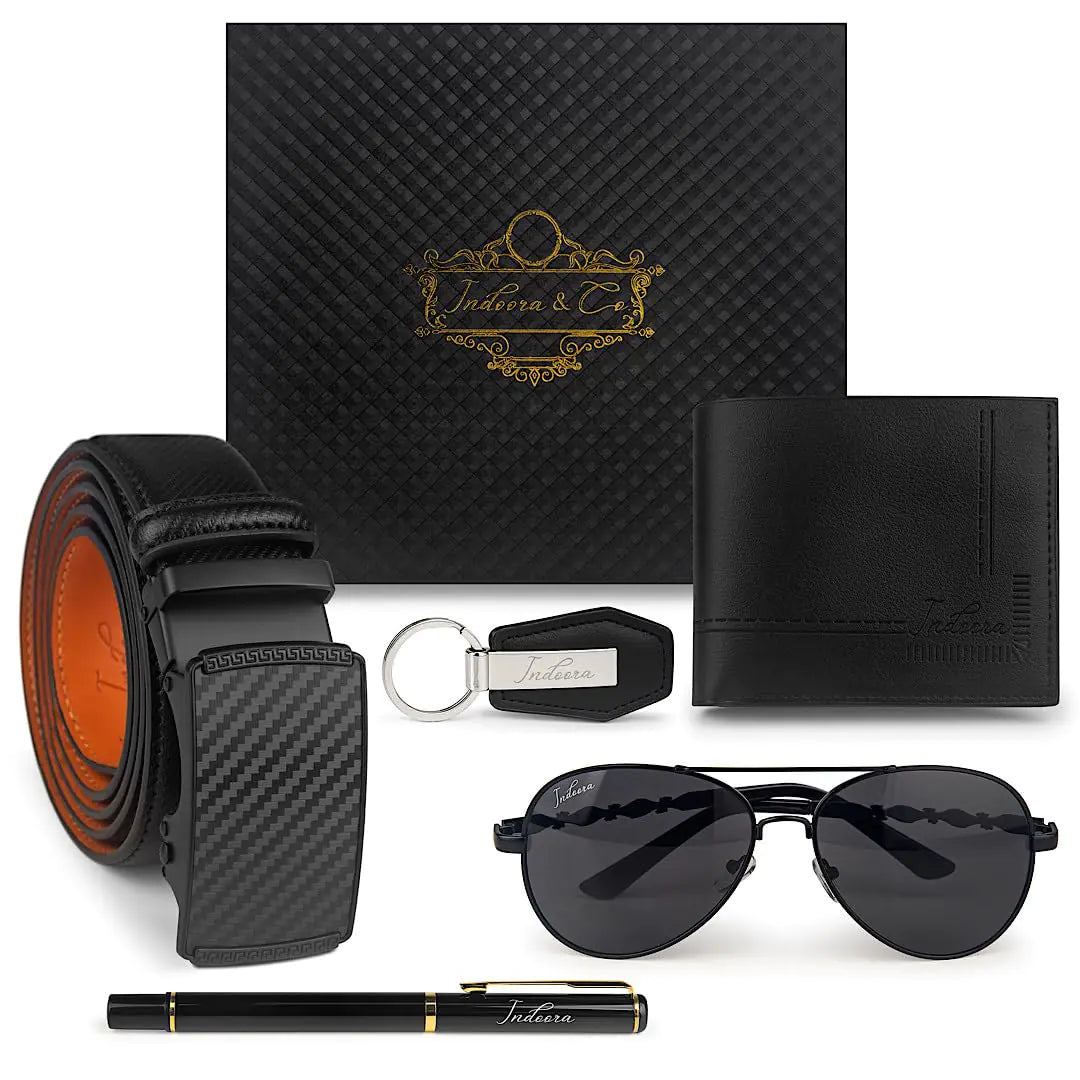 Gift Sets for Men (5 in1) Birthday Gifts for Men -Wallet Gift Set- Mens Gift Box for Men -Wallet Set for Men- Gift Baskets for Men Birthday-Mens Gift Box Set- Gift Set for Him-Retirement (BLACK)