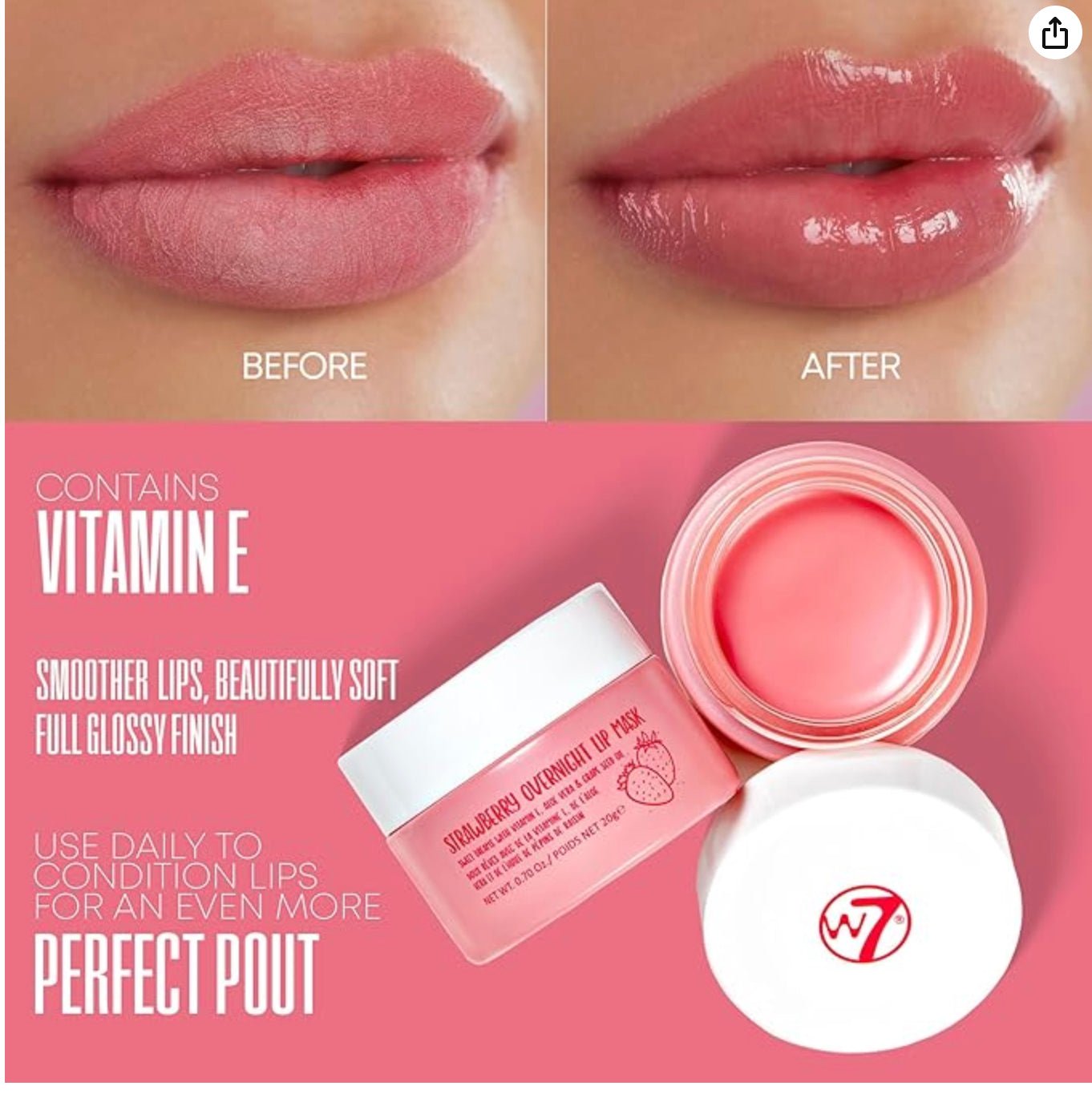 W7 Sweet Dreams Overnight Strawberry Lip Mask - Vitamin E, Aloe Vera and Grape Seed Oil - For Hydrated, Full Looking & Irresistible Lips (B086DSRNR8)