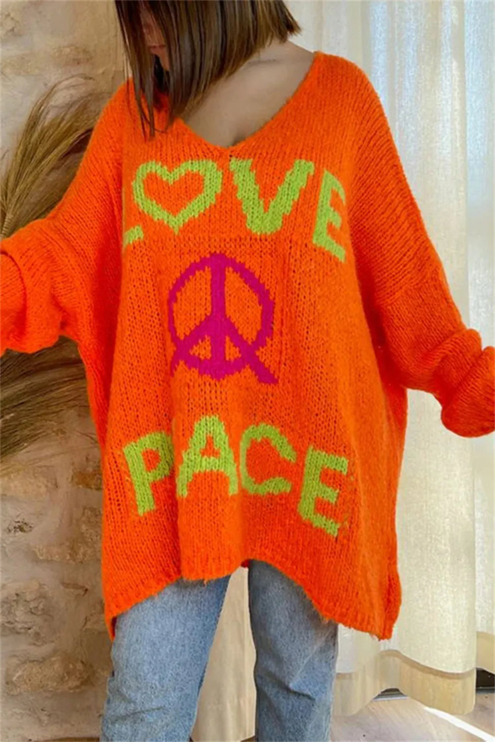Women's V-neck letter loose and lazy knitted sweater