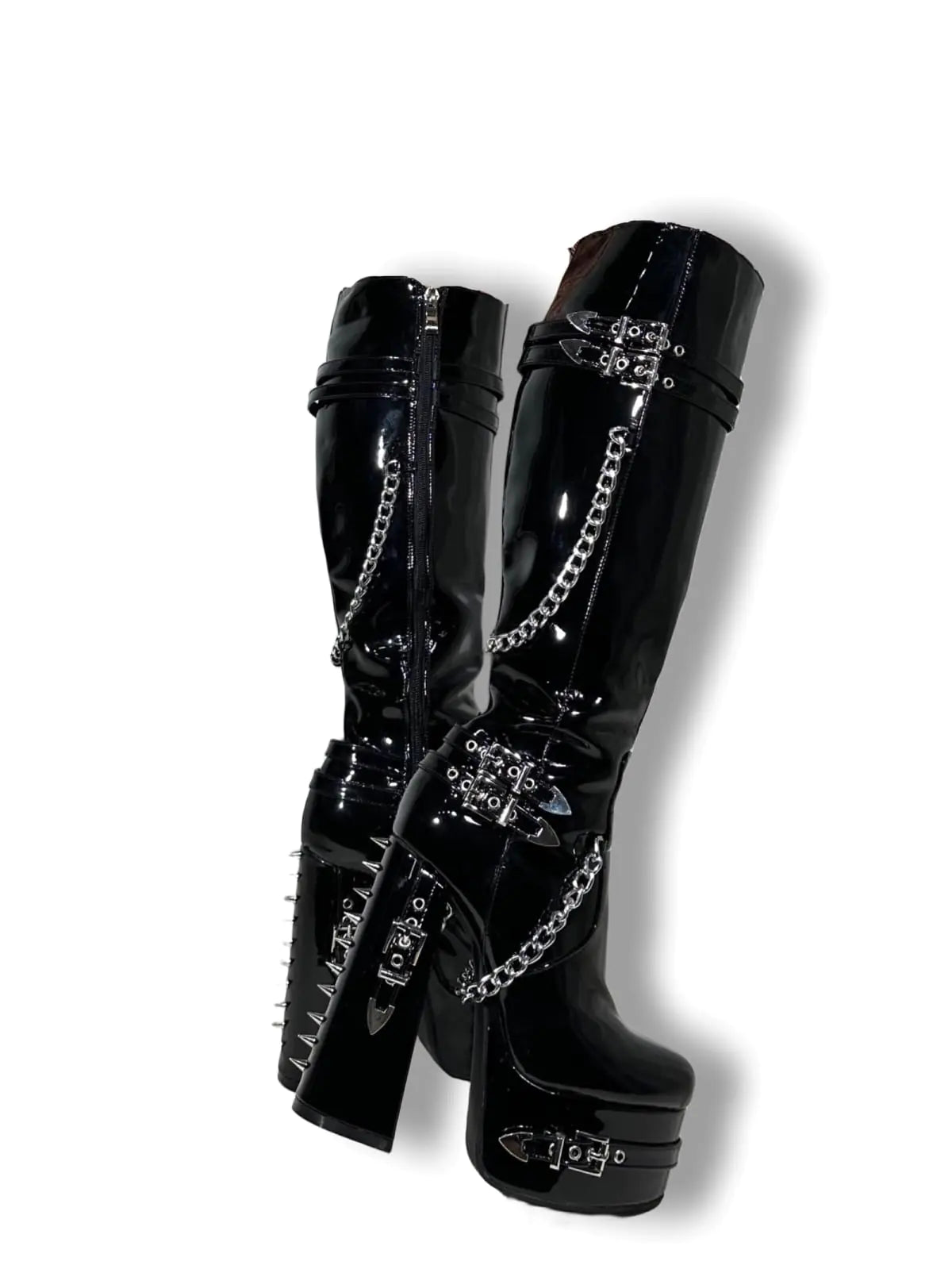 Frankie Hsu Goth Sexy Chunky Platform Knee High Heeled Boots Black Patent Silver Chain Rivets Gothic Punk Y2K Hot Girl Big Large Size Wide Calf Long Shoes For Women Men