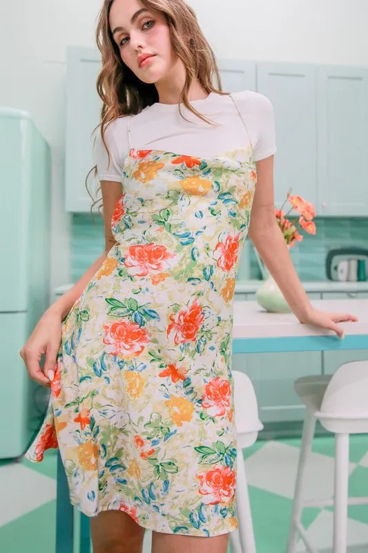 HYFVE Floral Cowl Neck Flirty Satin Mini Dress