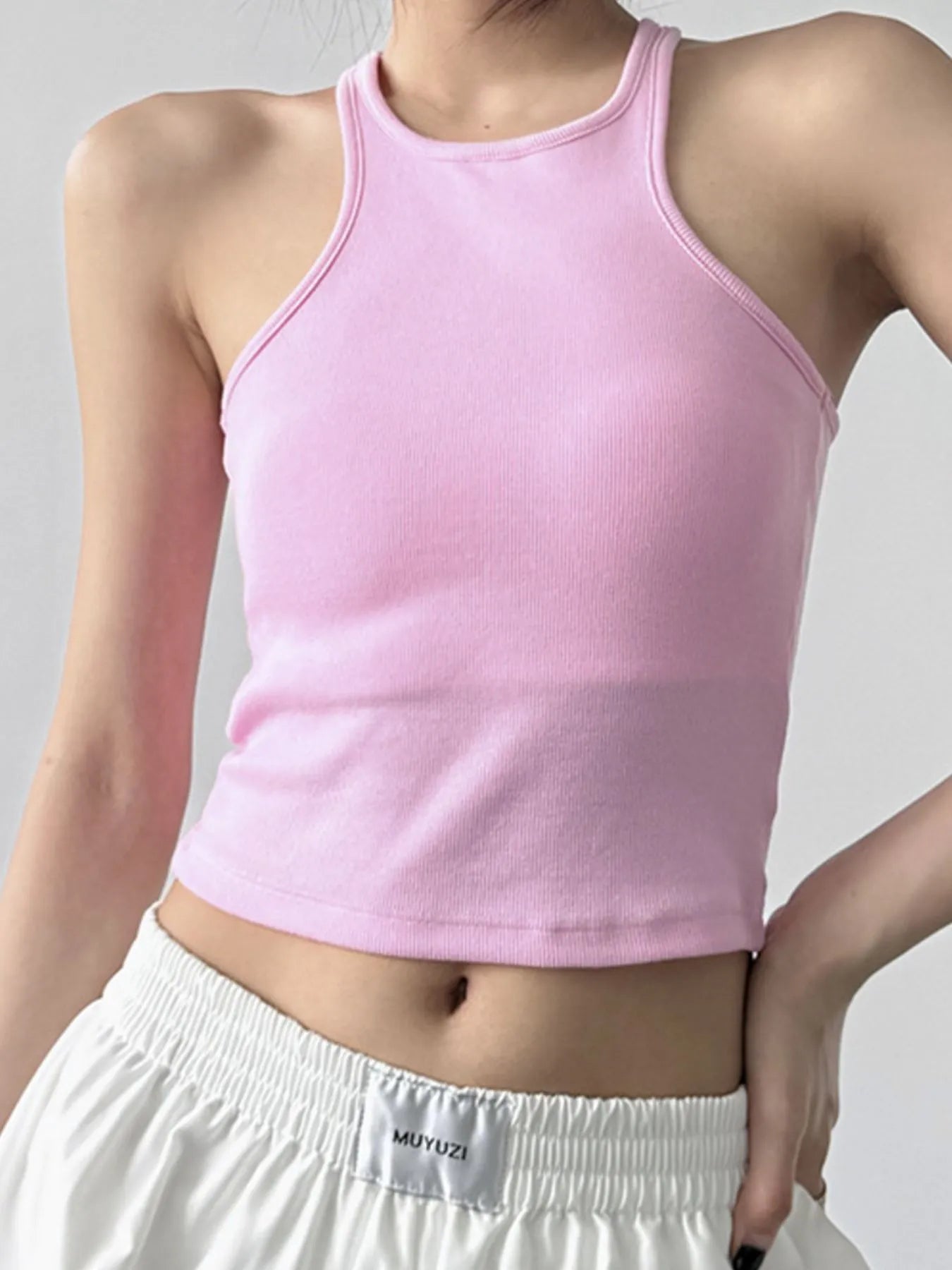 Ribbed Round Neck Crop Tank Top