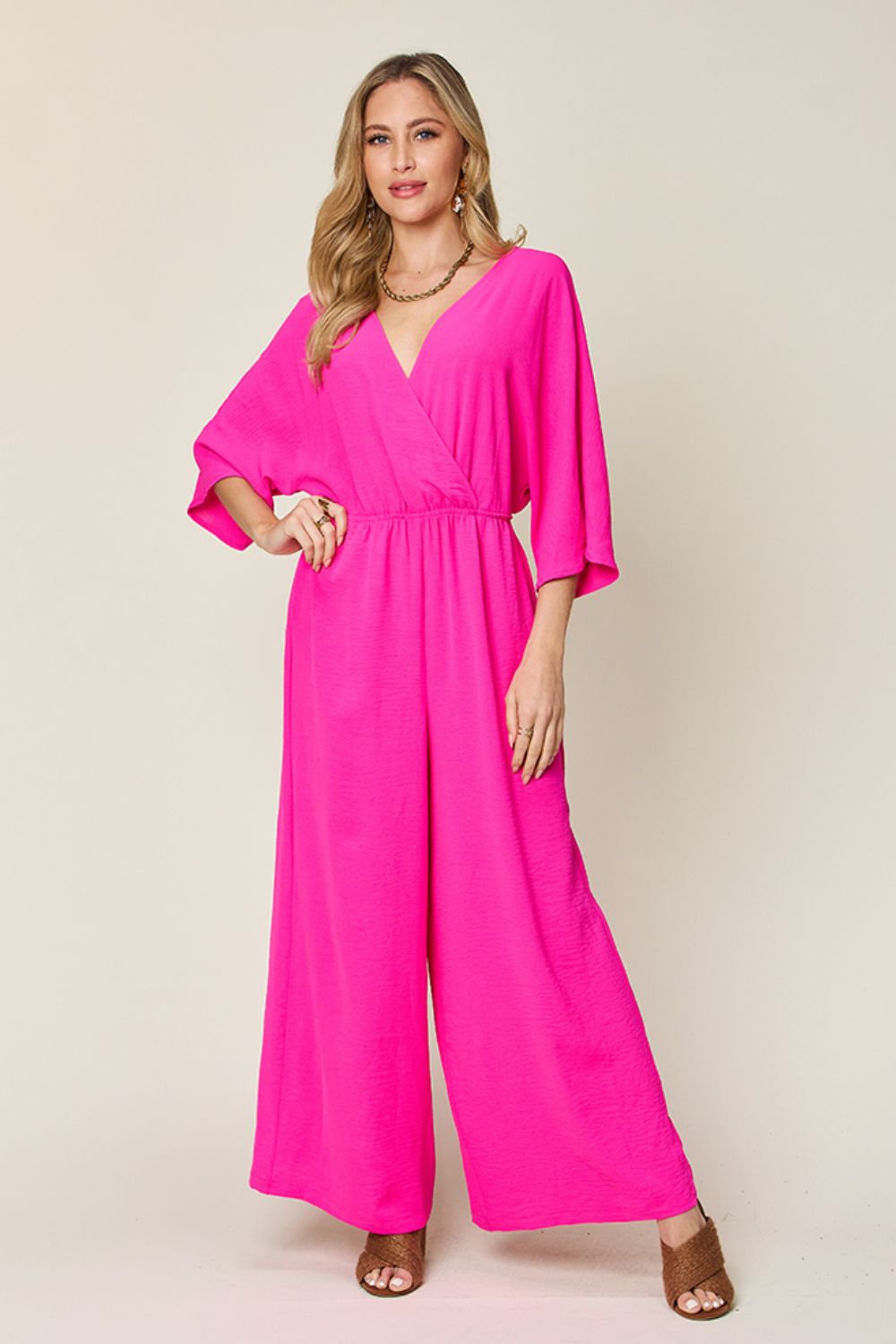 Tie-Waist Jumpsuit with Wide Legs and Short Sleeves