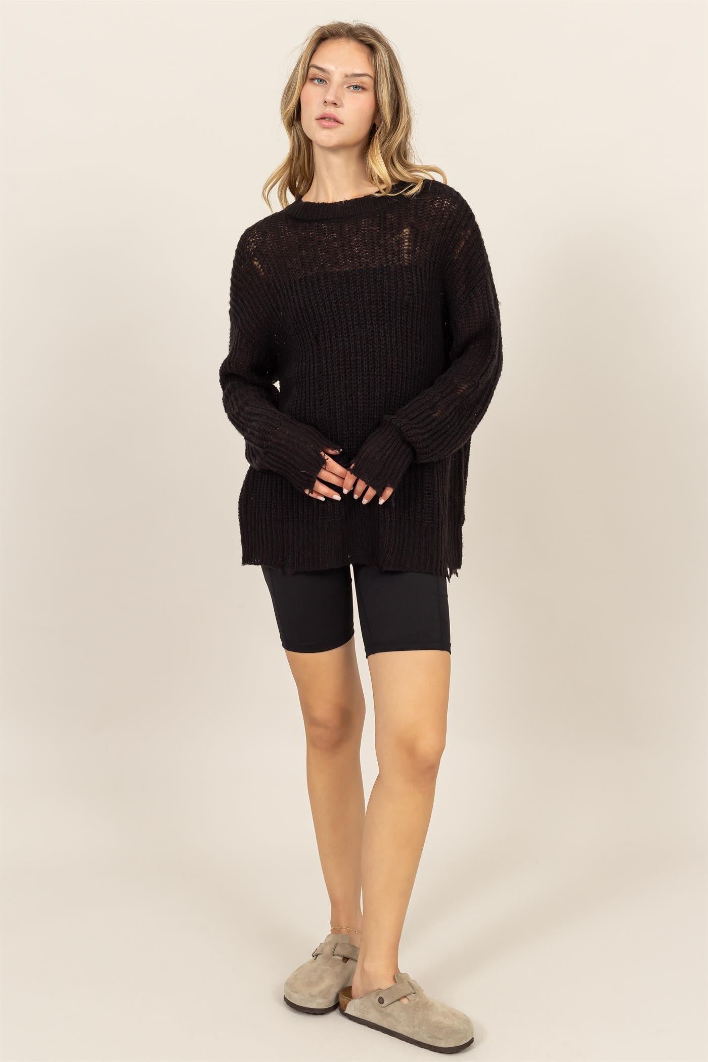 Back To School Sweater - HYFVE Distressed Long Sleeve Knit Top