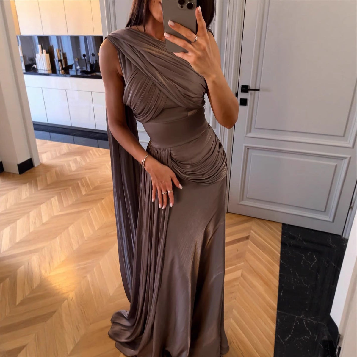 Pleated Ribbon Satin Evening Dress