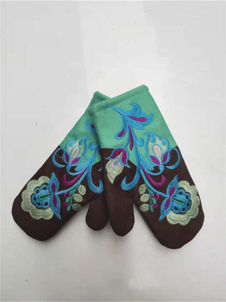 Thickened Color-block Embroidered Winter Warm Gloves For Women