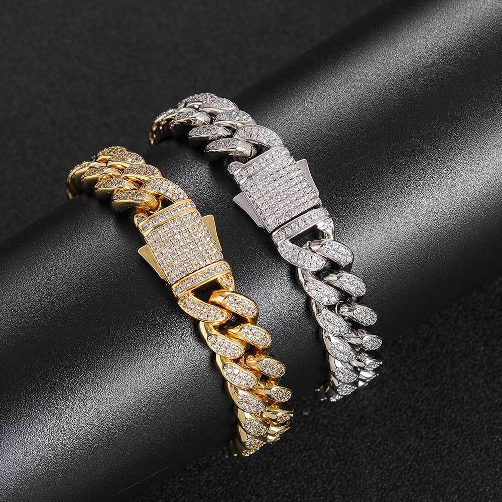 European Hip Hop Ornament 12mm Spring Fastener Double Row Zircon Necklace Bracelet