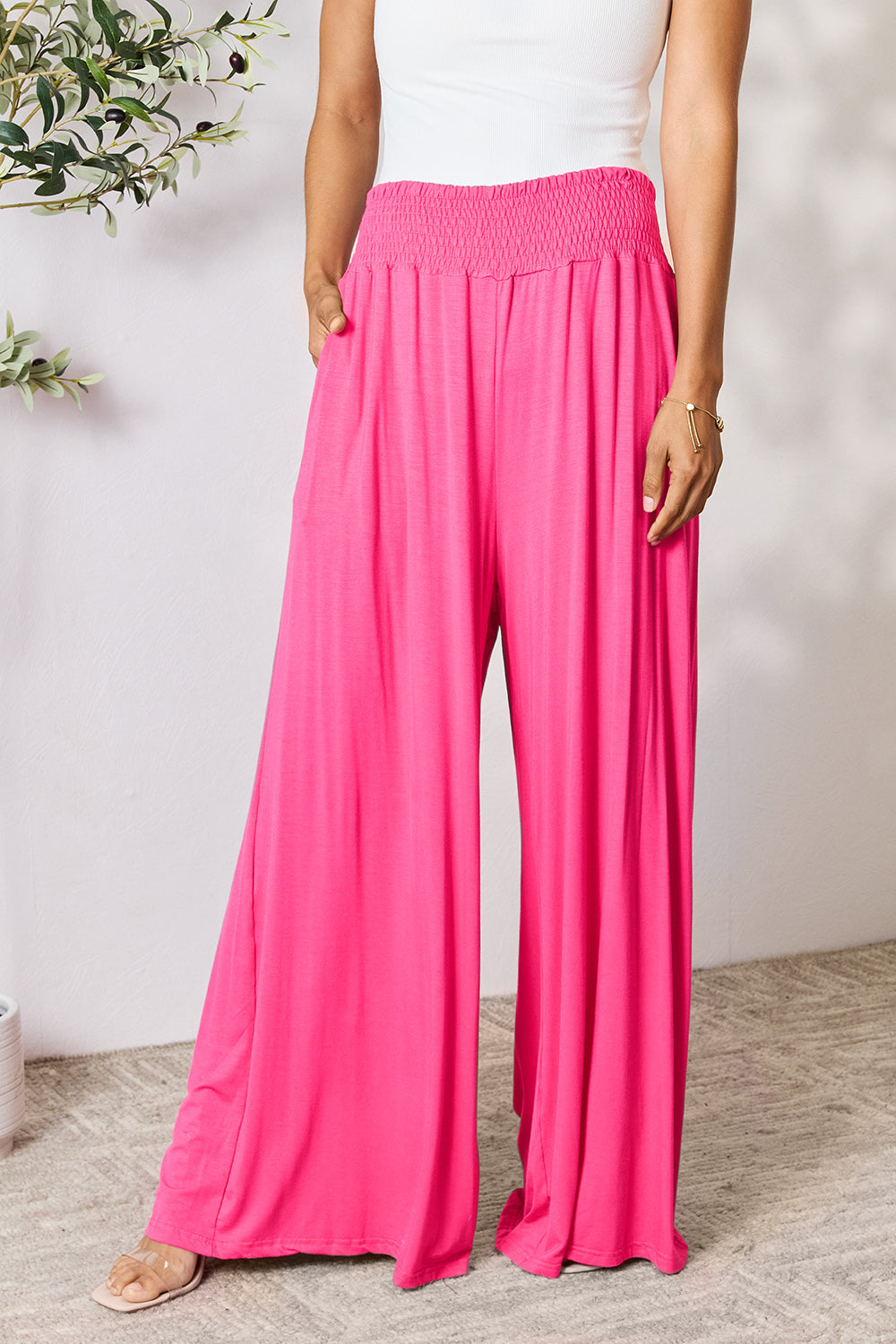 Smocked High-Waist Wide Leg Pants