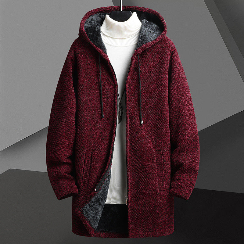 Fall Winter Men Fleece-lined Mid-length Zipper Hooded Sweater Cardigan