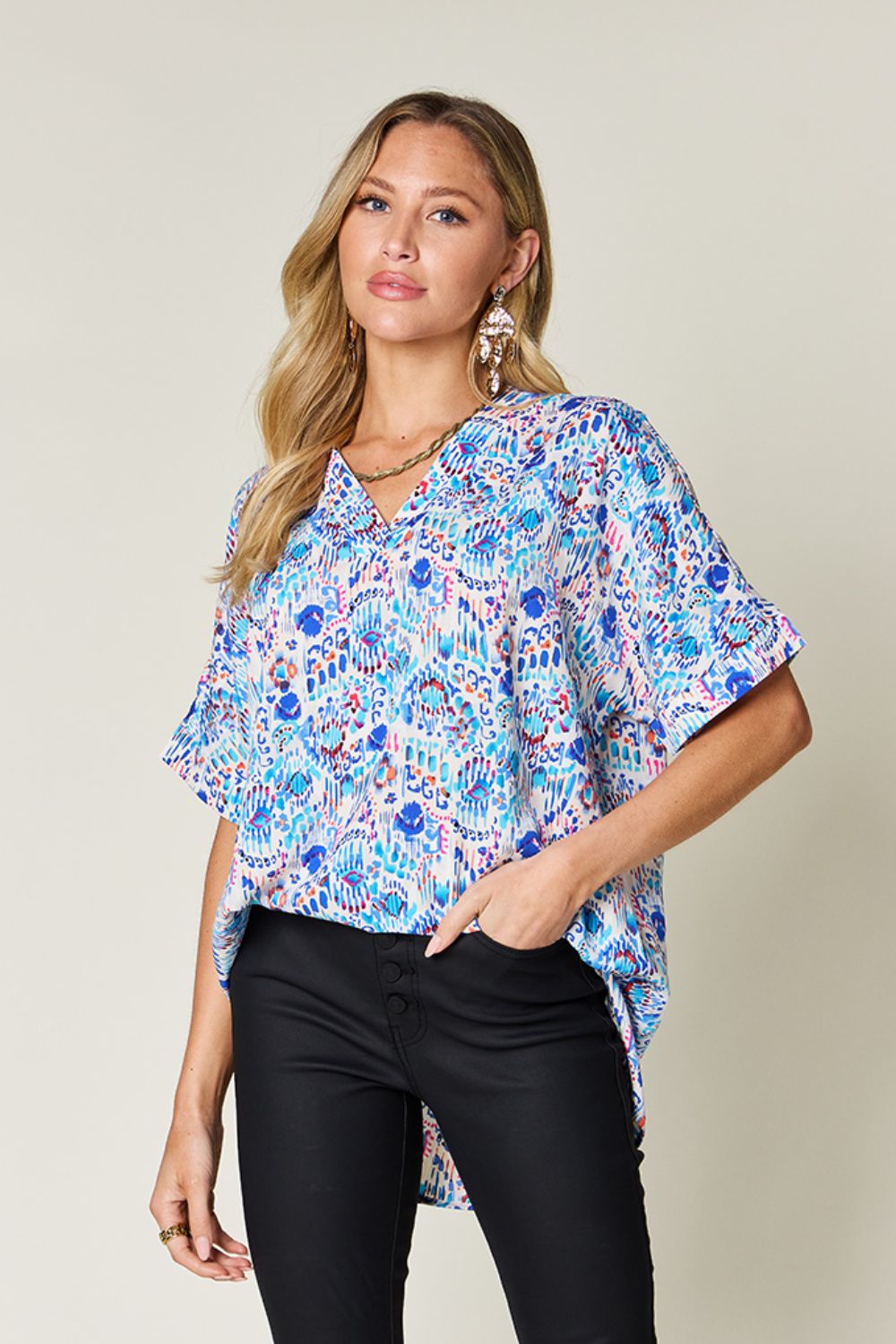 Printed V-Neck Short Sleeve Top