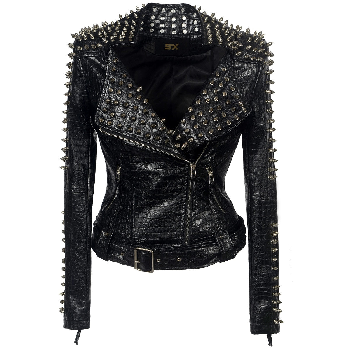 Women's Cropped Rock Punk PU Leather Jacket with Studs