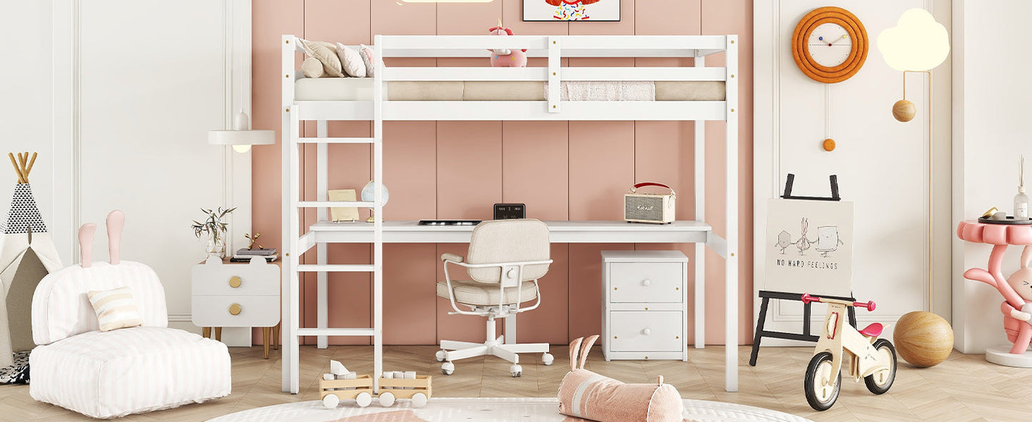 Twin Loft Wood Bed with Under-bed, Built-in Desk, a Storage Cabinet of 2 Drawers, Guardrails, Ladder,White