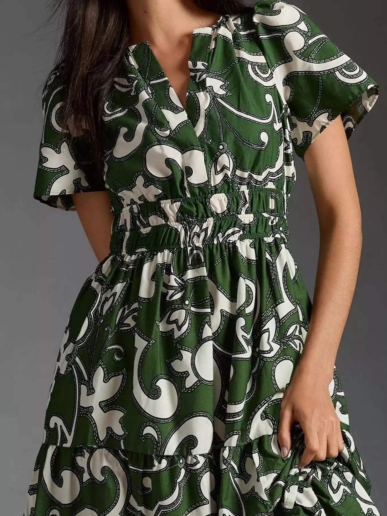 Printed Notched Short Sleeve Dress