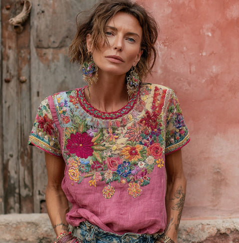 Womens Retro Printed Patchwork Crew-Neck Top