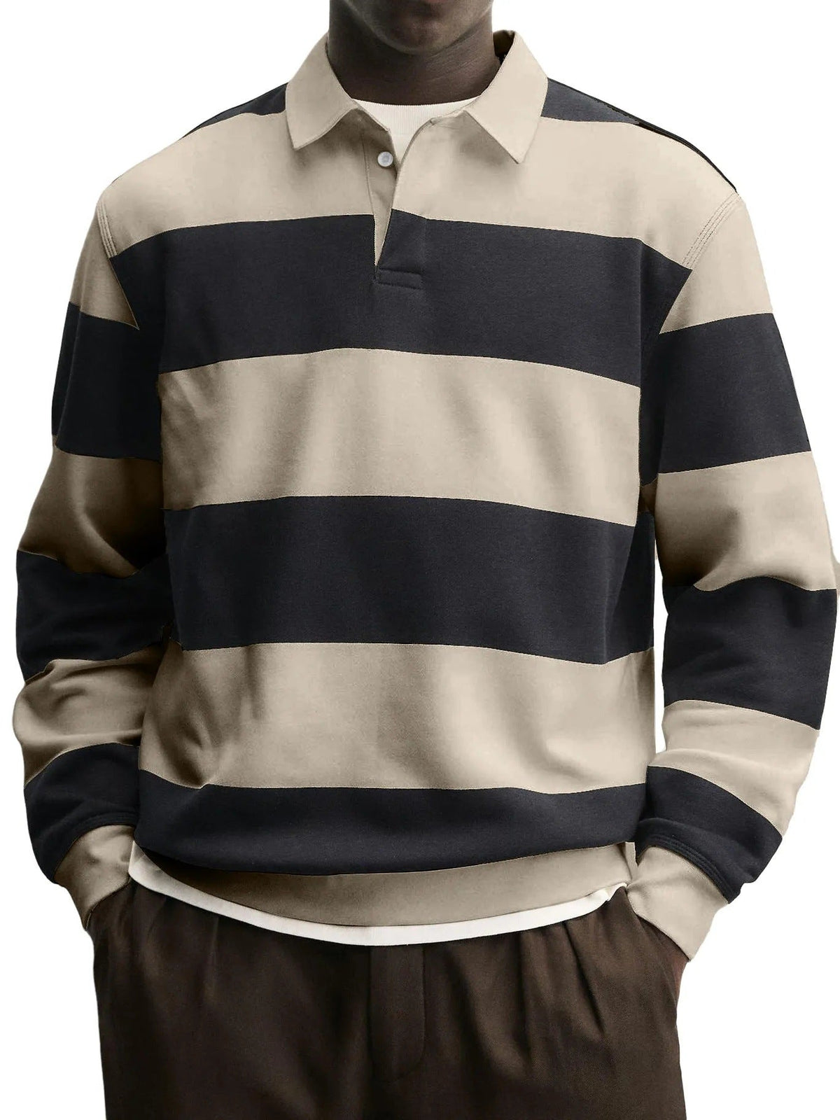 Mens Loose-collar Long-sleeved Striped T-shirt