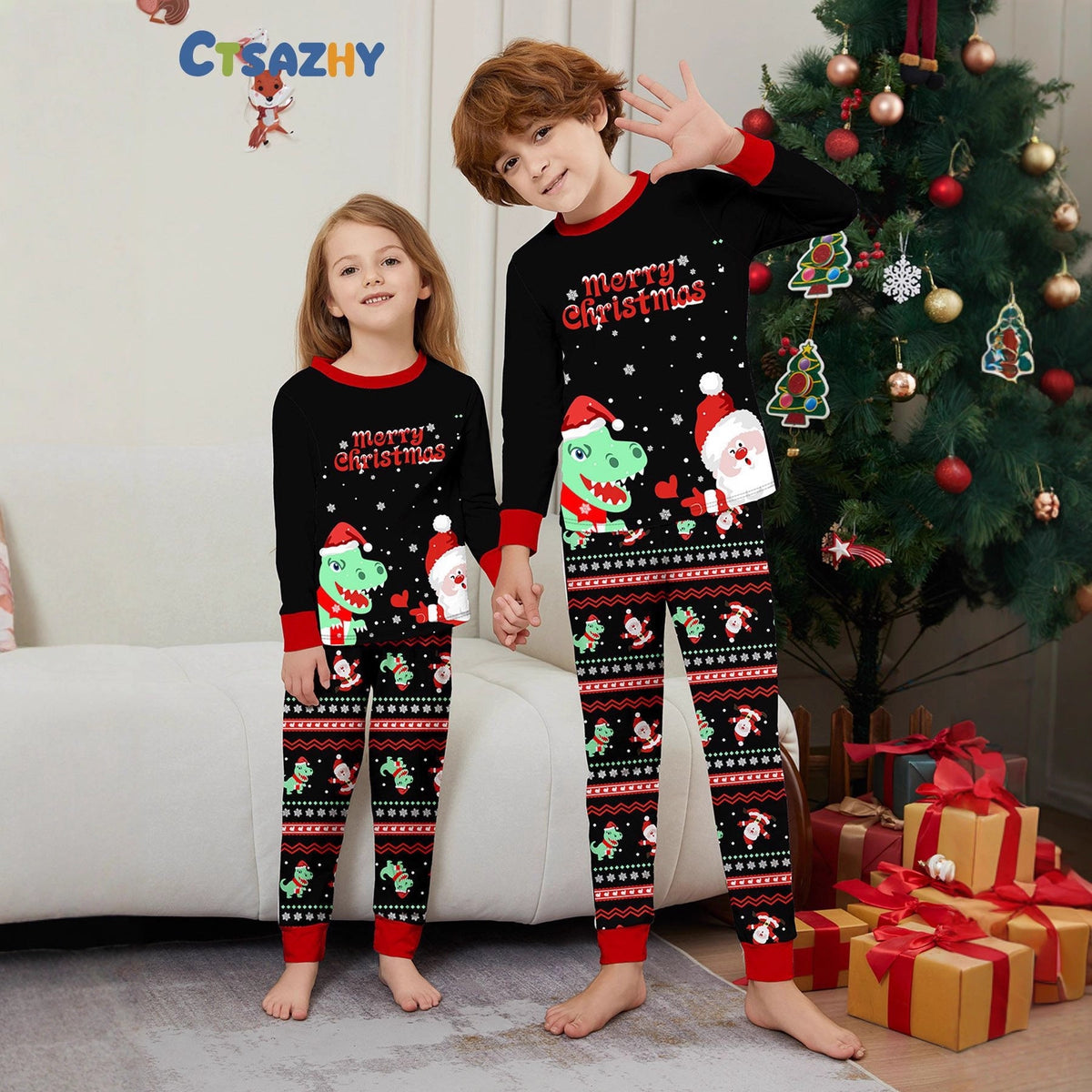 Cartoon Dinosaur Printed Black Pajamas Parent-child Suit