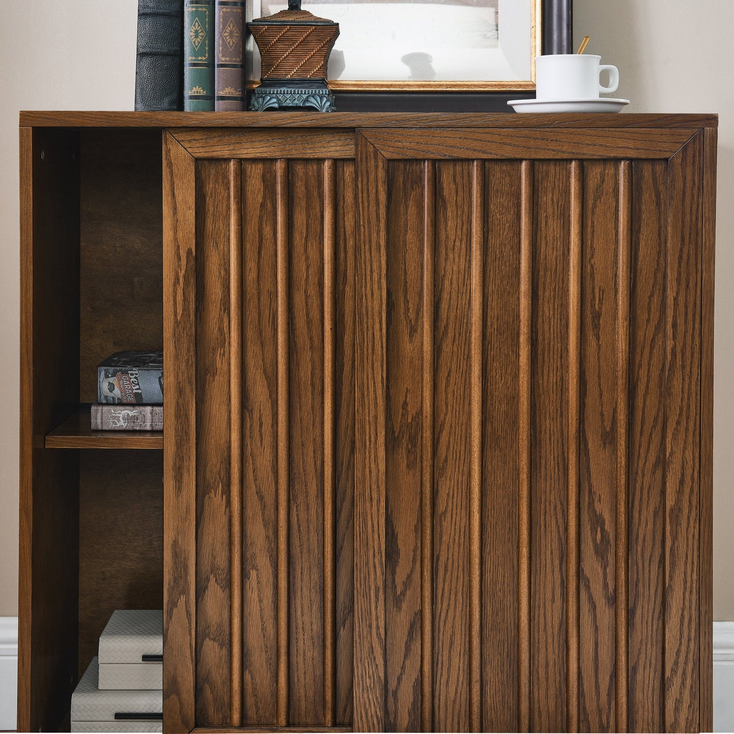 Medieval side panel with 2 sliding doors and solid wood decorative strips, storage cabinet