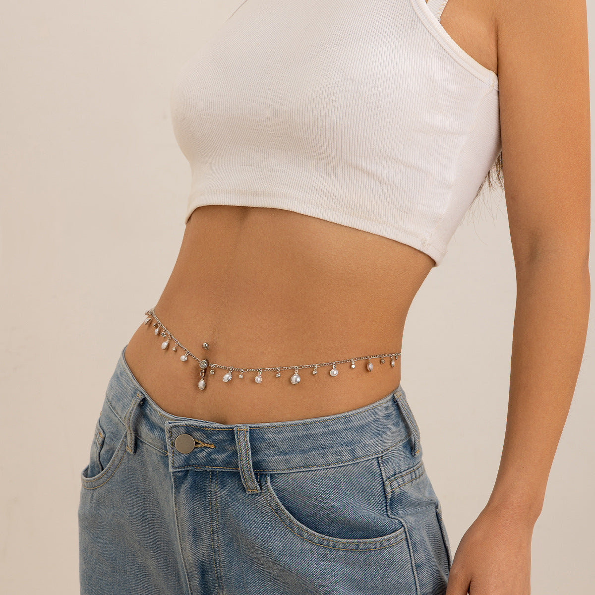 Trendy round bead alloy tassel pendant waist chain BodyChain simple temperament waist accessory for women