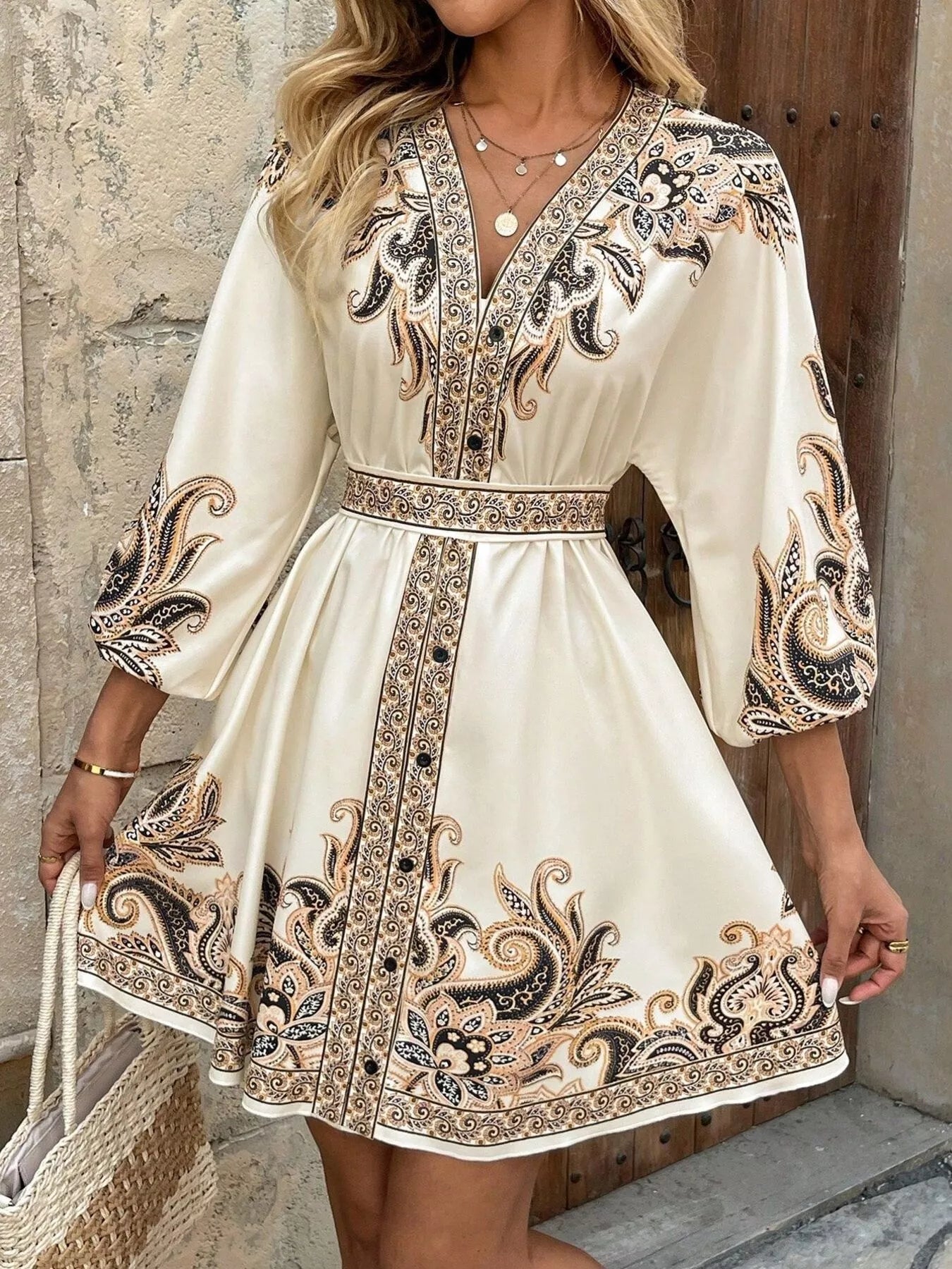 Printed Balloon Sleeve Mini Dress