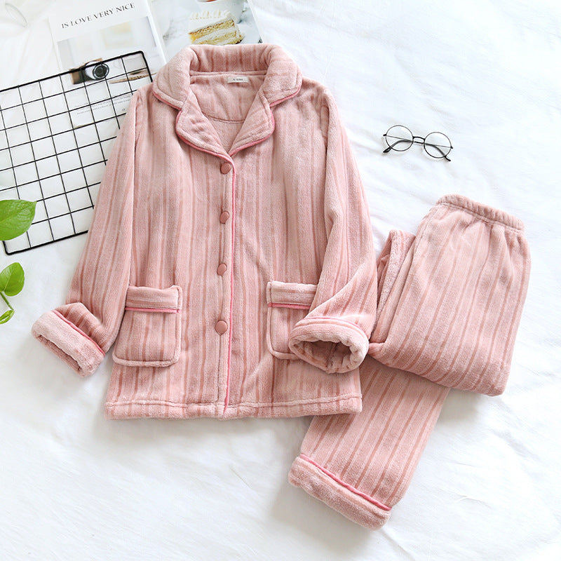 New Couple Autumn And Winter Flannel Beautiful Strip Home Wear