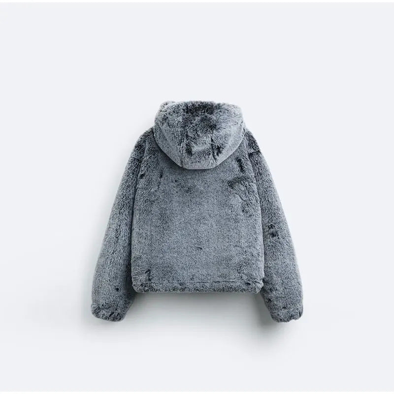 Women's Spring Clothing Imitation Fur Personality Street Fashion Solid Color Long Sleeve Zipper Hooded Short Jacket