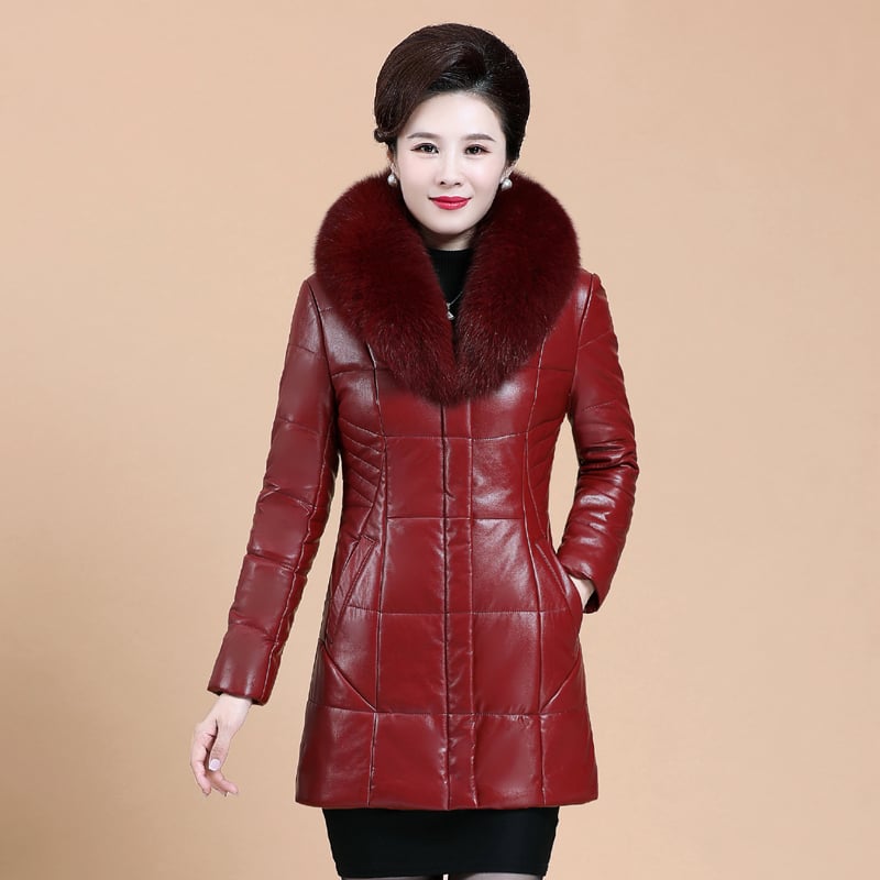 Women's Thickened Leather Down Jacket with Fur Collar