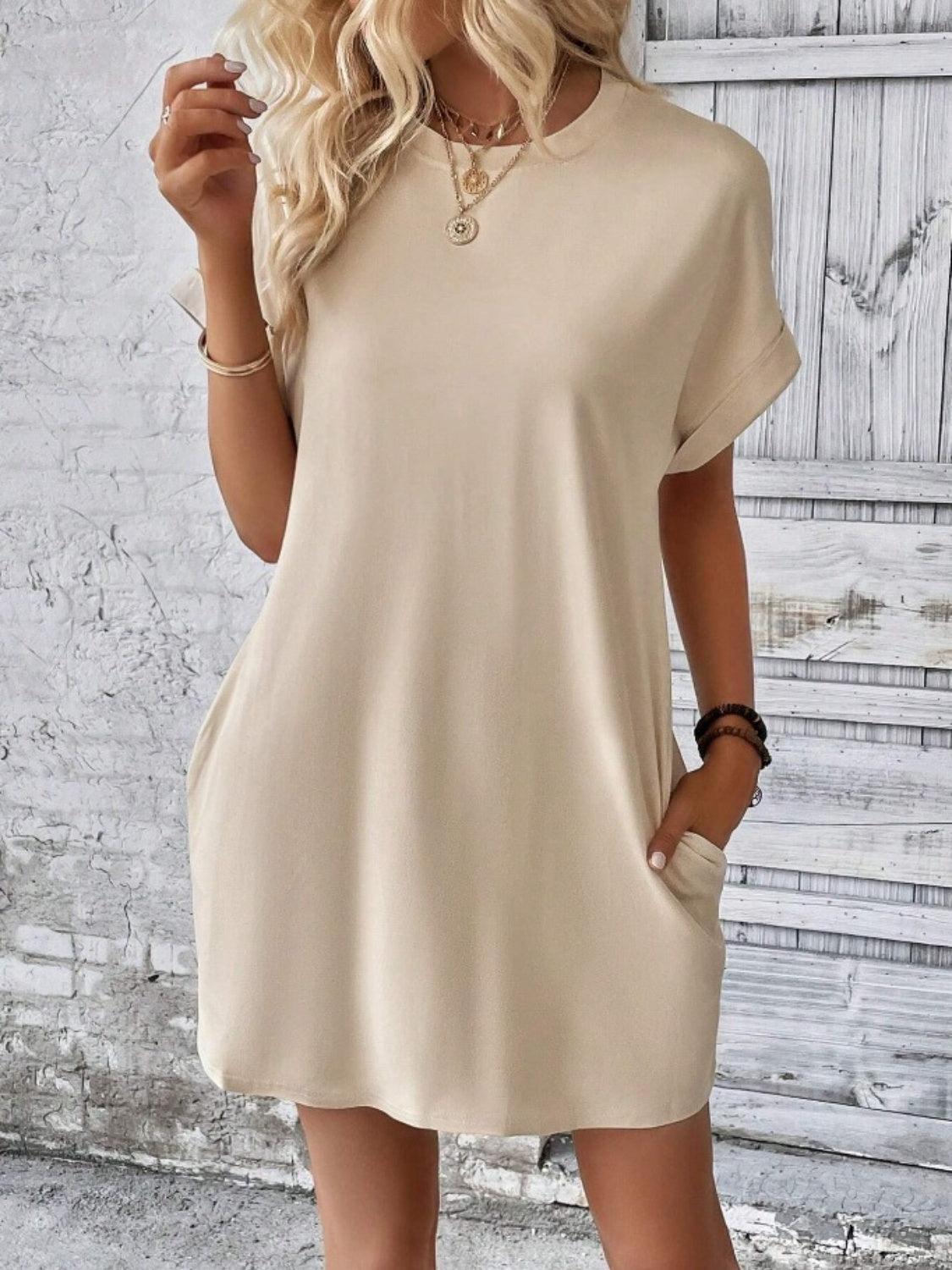 Casual Pocketed Round Neck Tee Dress