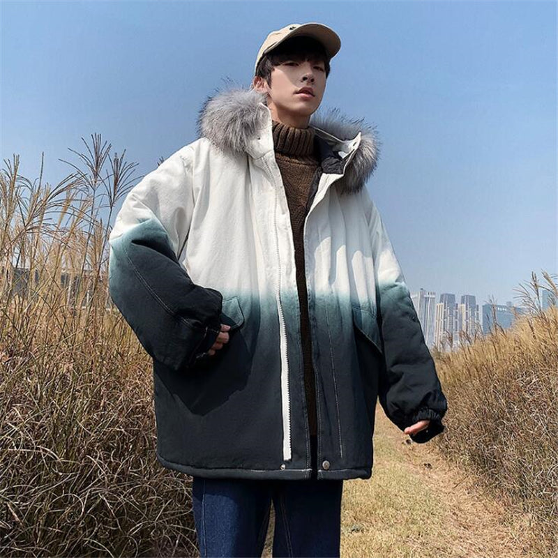Trendy Thick Fur Collar Gradient Hooded Cotton Jacket