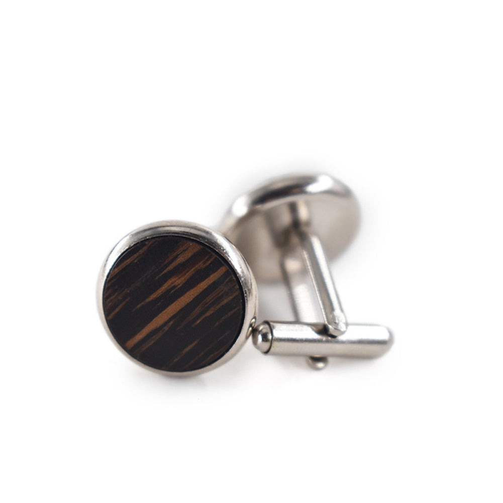 Round Black Walnut Wood French Cufflinks