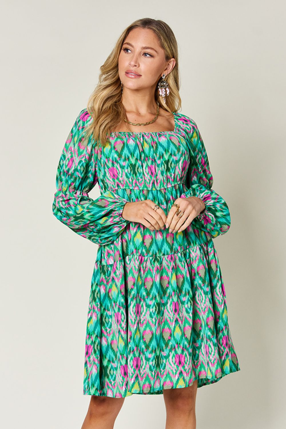 Printed Long Sleeve Smocked Dress