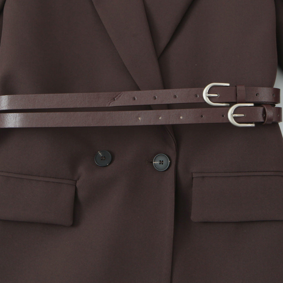 Stylish Chic Urban Blazer With Double Waist Belts And Notch Lapels