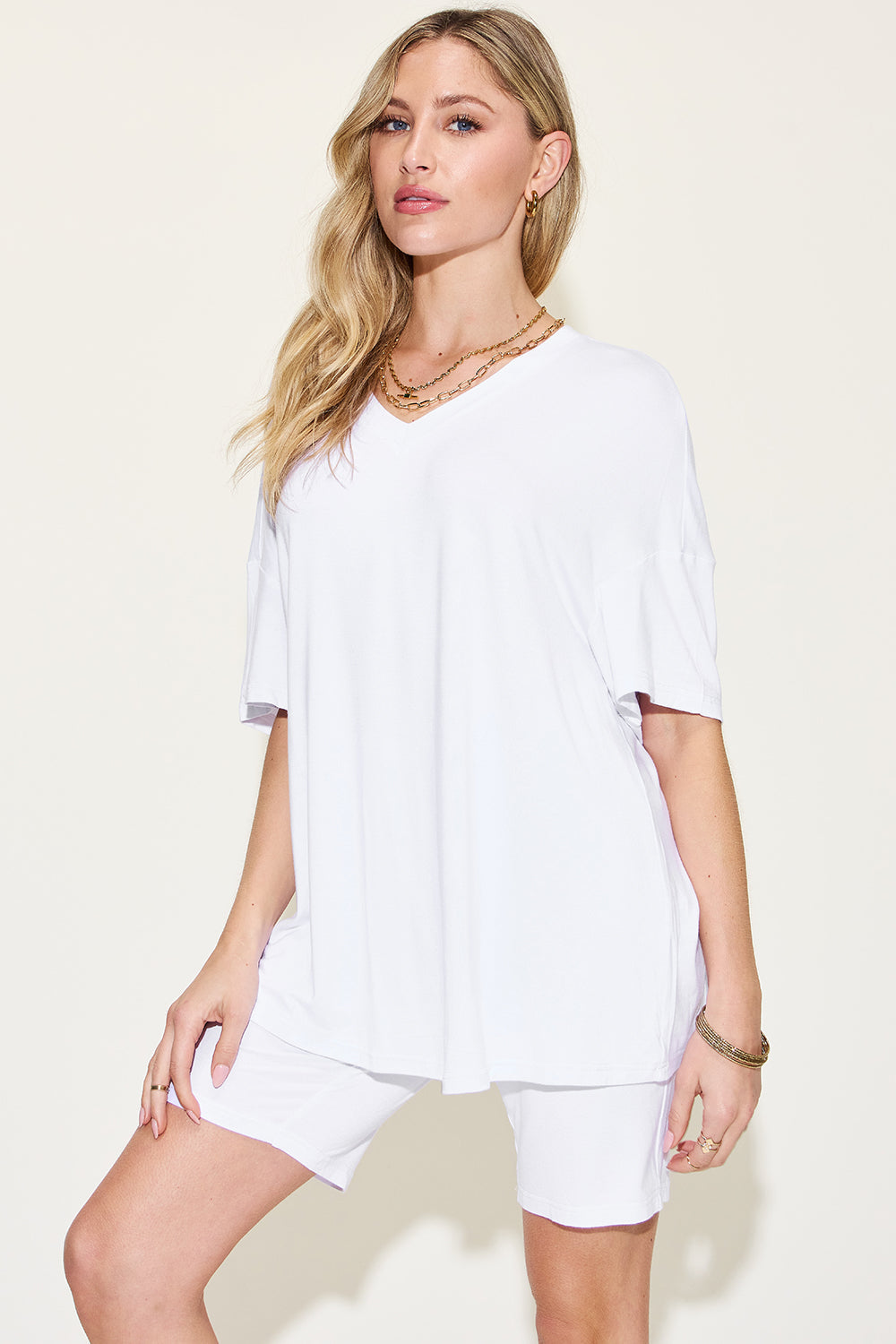Relaxed Fit Rayon V-Neck Tee & Shorts Set