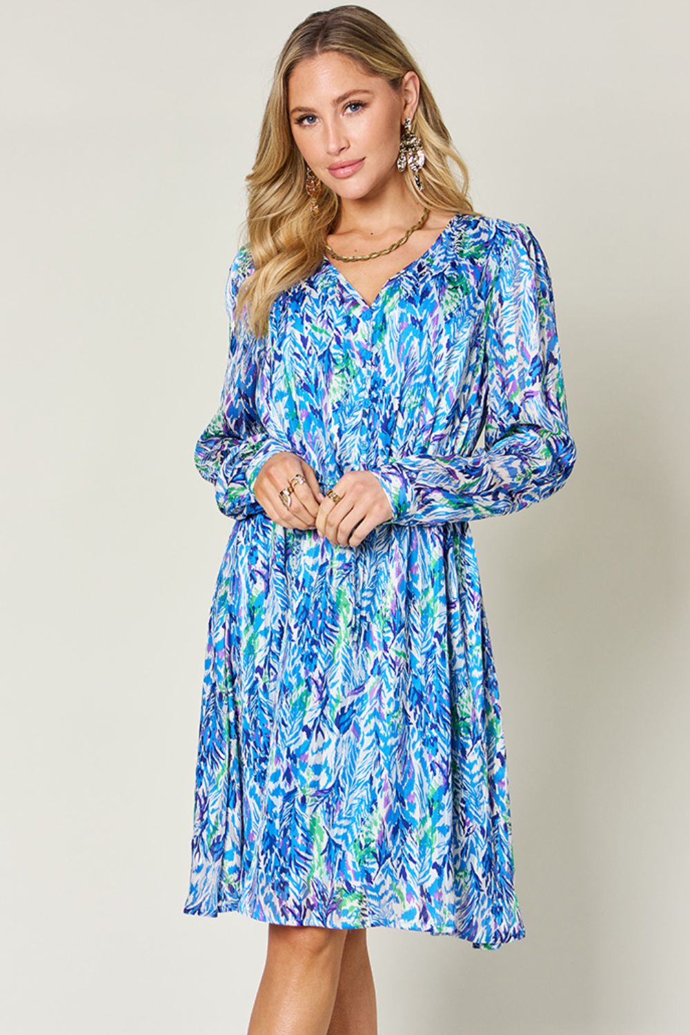Printed Long Sleeve Drawstring Dress