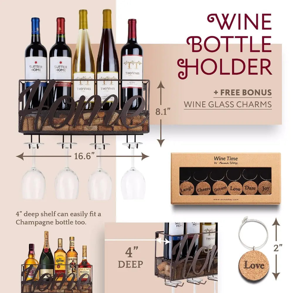 Vintage Iron Wall-Mounted Wine Rack and Glass Holder