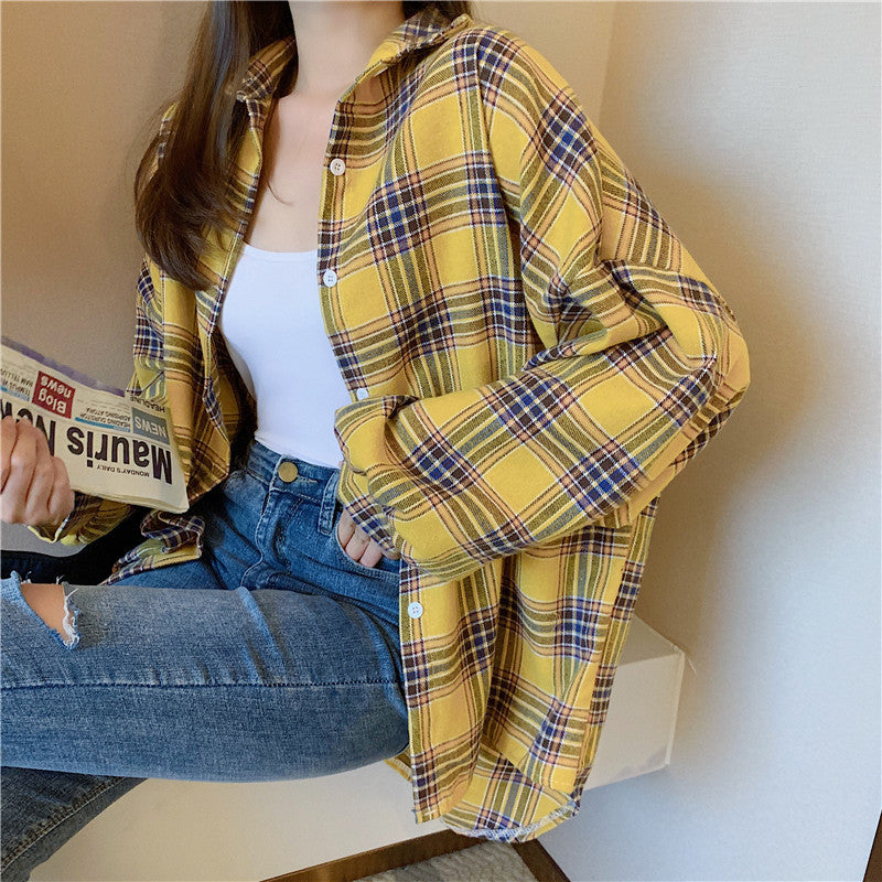 Loose design niche long-sleeved plaid shirt