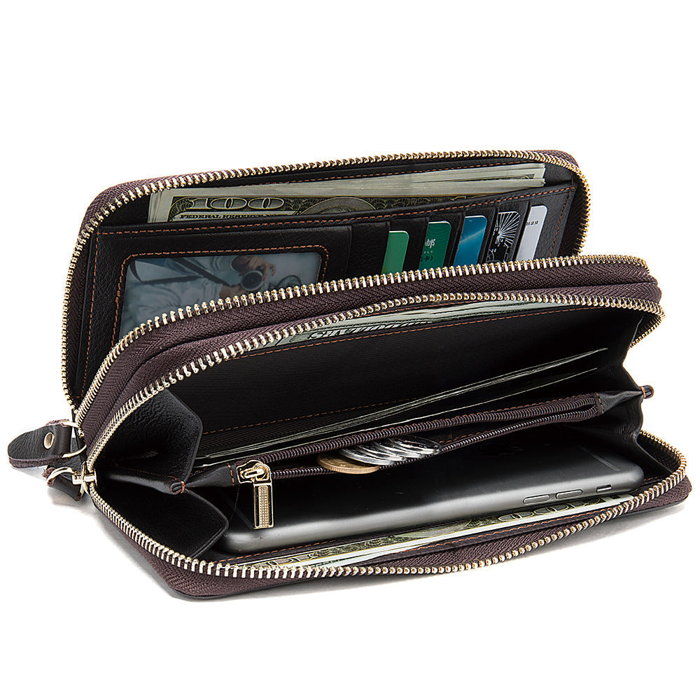 Men's Cowhide Double Zipper Wallet