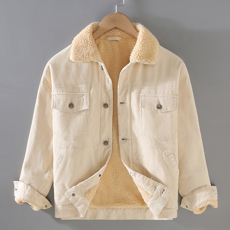 Men's Corduroy Workwear American Retro Lapels Jacket Heavy Imitation Lamb Wool Thickened Cotton-padded Coat