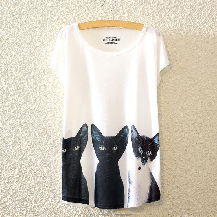New Fashion Summer Harajuku Animal Cat Print Shirt O-Neck Short Sleeve T Shirt Women Tops White T-shirt