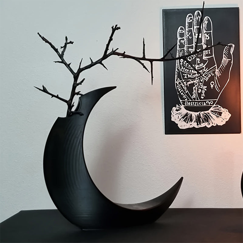 3D-printed Gothic Moon Vase, fits dried & artificial flowers. A unique home decor and desktop charm, a great gift too.